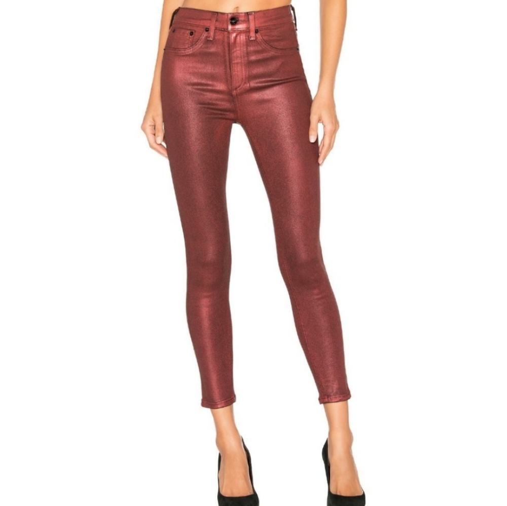 RAG & BONE RED METALLIC HIGH RISE ANKLE SKINNY JEANS